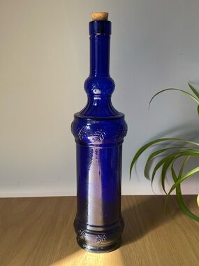 Vintage Decorative Glass Bottle Cobalt Blue Embossed Leaf Motif